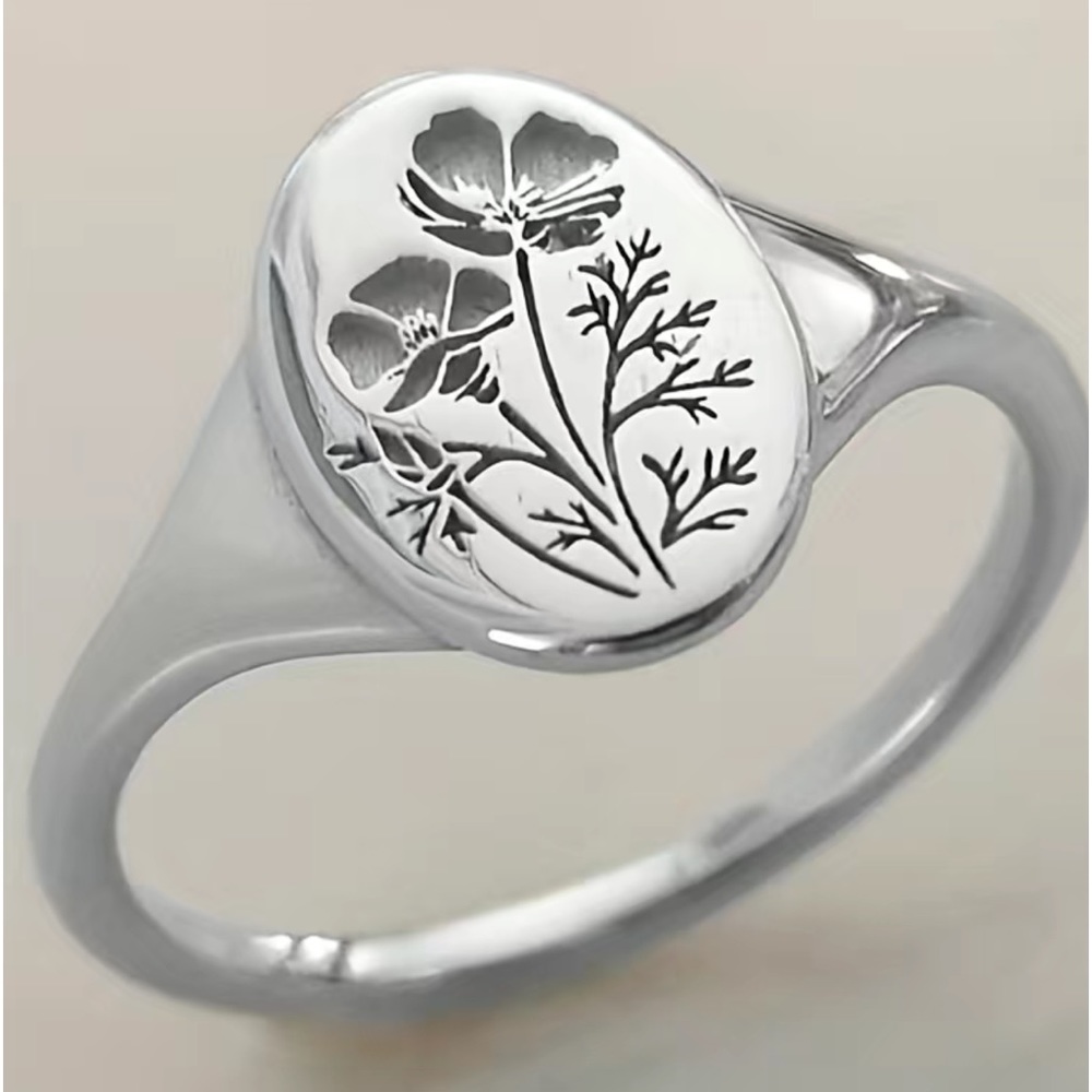 New Minimalist Bohemian Orchid Sterling Silver Signet Floral Engraved Ring - Picture 6 of 15